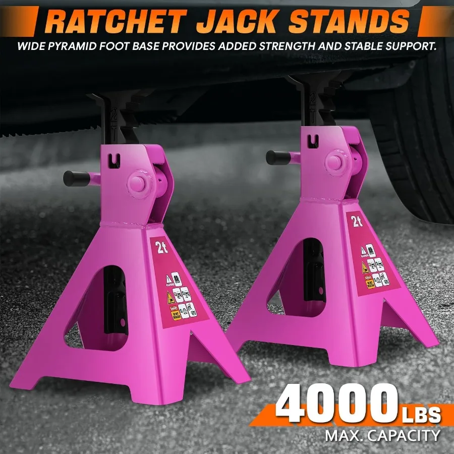 Combinación de cric de piso de servicio de carrito hidráulico de perfil bajo con 2 soportes de gato de trinquete, capacidad de 2 toneladas y 4000 libras, color morado, ideal para automóvil