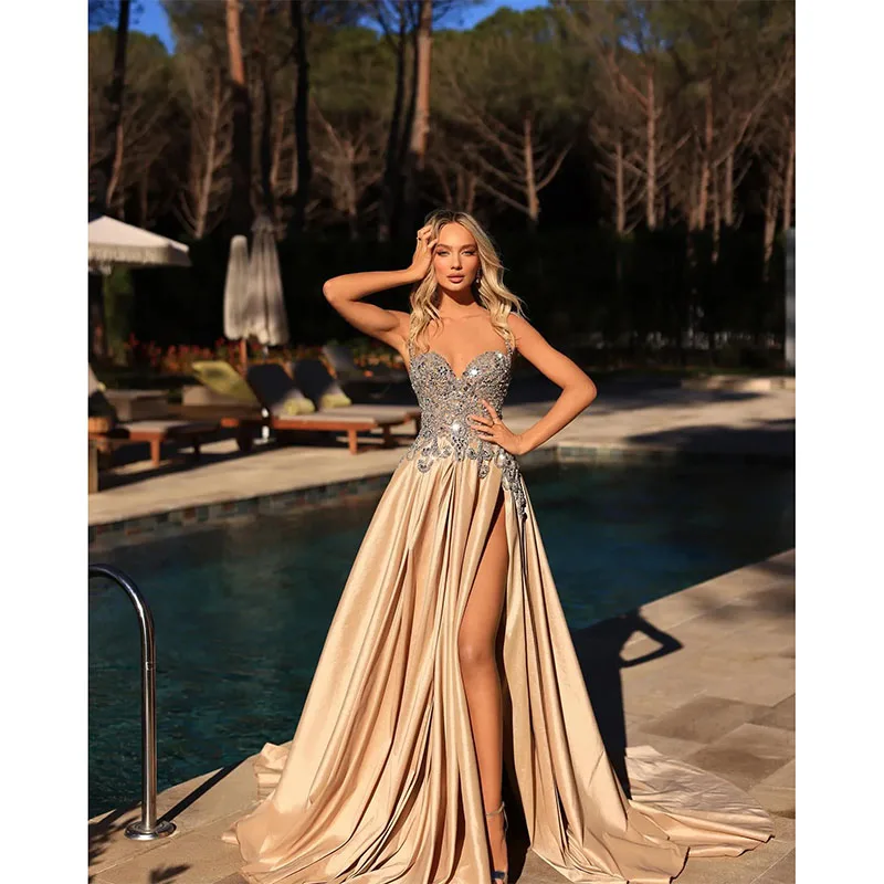 Champagne Crystal Prom Dress A Line Straps Evening Gowns Thigh Split Satin Formal Red Carpet Long Special Occasion Party Dress