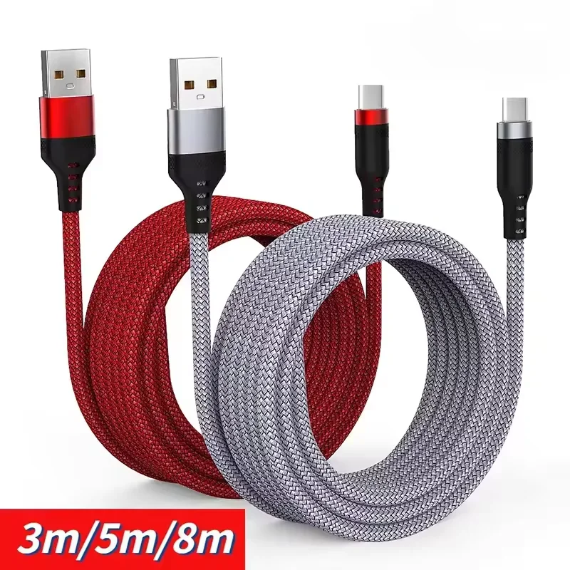 USB‑A to Type‑C Fast Charging Cable Extra Long Nylon Braided Data Sync Cord 1m 1.5m 2m 3m 5m 8m For Security Camera Phone Tablet