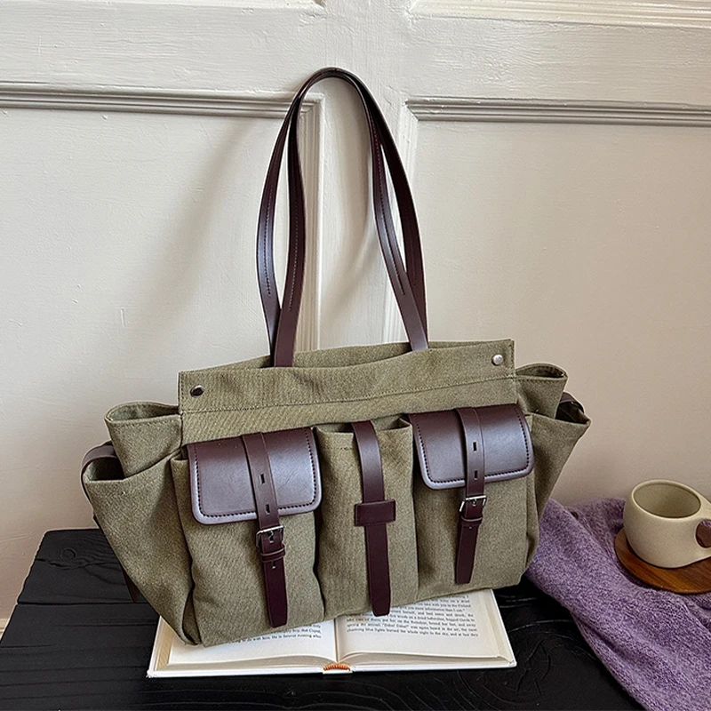 Multi-Pocket Shoulder Bag Punk Style Motorcycle Bag Army Green Travel Tote High Quality Canvas Handbag Oversize Shopping Bags