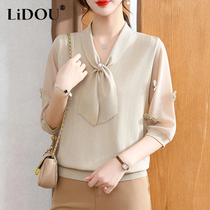 2023 Spring Summer New Solid Color Fashion V-neck Knitting Pullovers Women Casual Loose Vintage Elegant Bow Three Quarter Tops