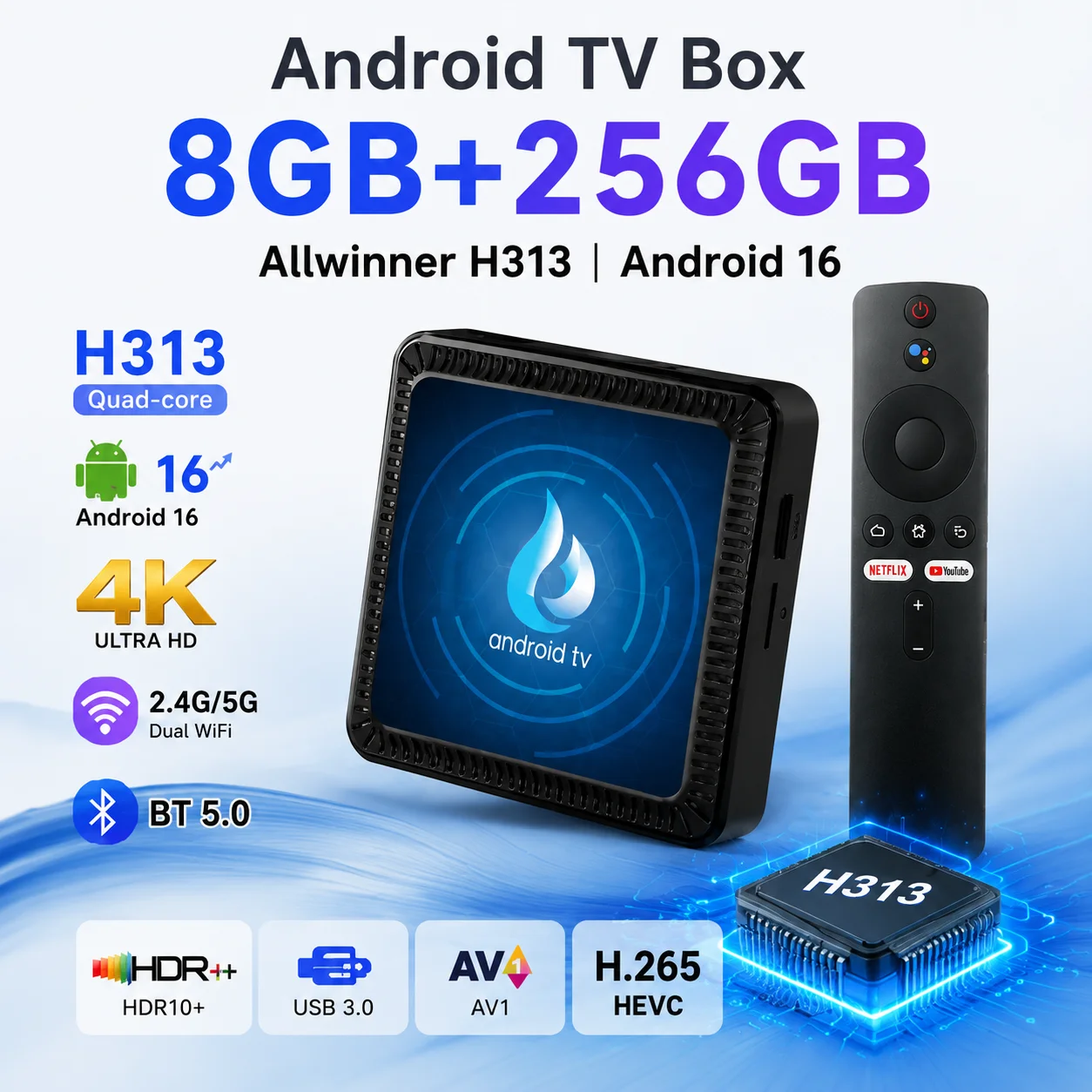 Android 16 TV Box Allwiner H313 Quad Core 4GB RAM 64GB ROM WiFi Dual BT5.0 8K Ultra HD AV1 Reproductor Multimedia Smart TV Box Set Top Box