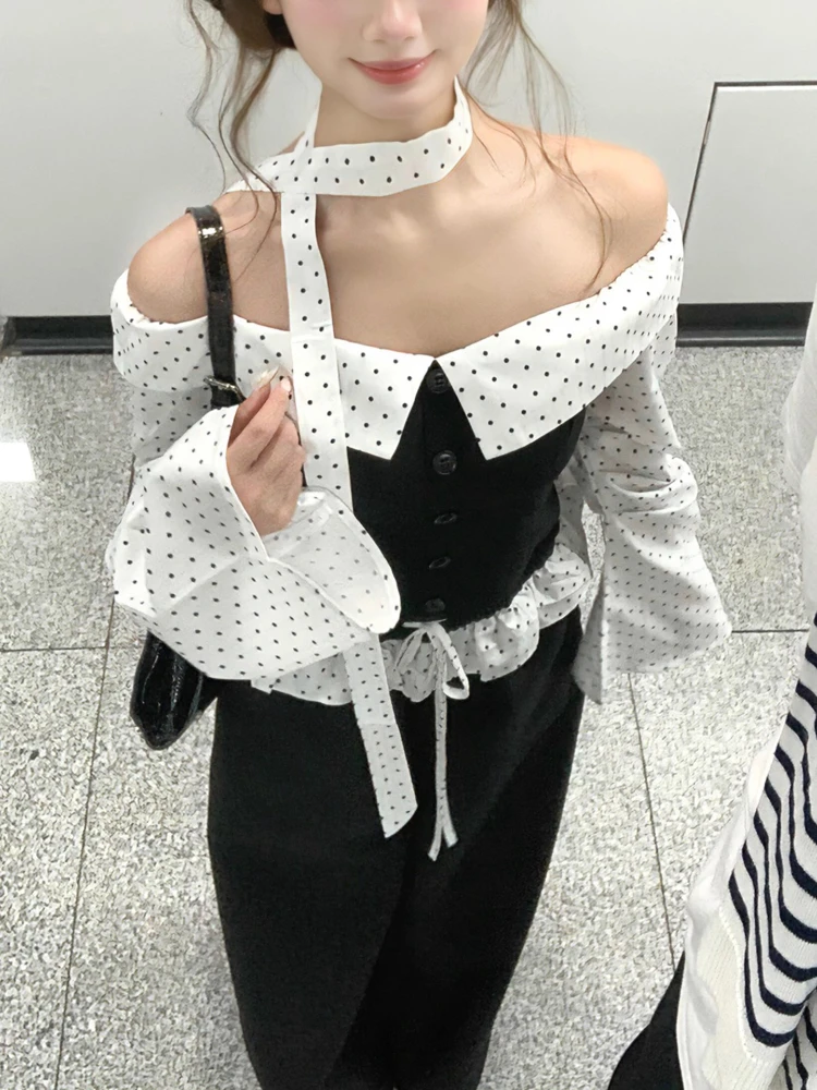 

Корейский стиль, милые элегантные женские комплекты брюк, дизайнерские топы без бретелек Y2k в горошек + узкие брюки, шикарные наряды с длинными рукавами, новинка осени