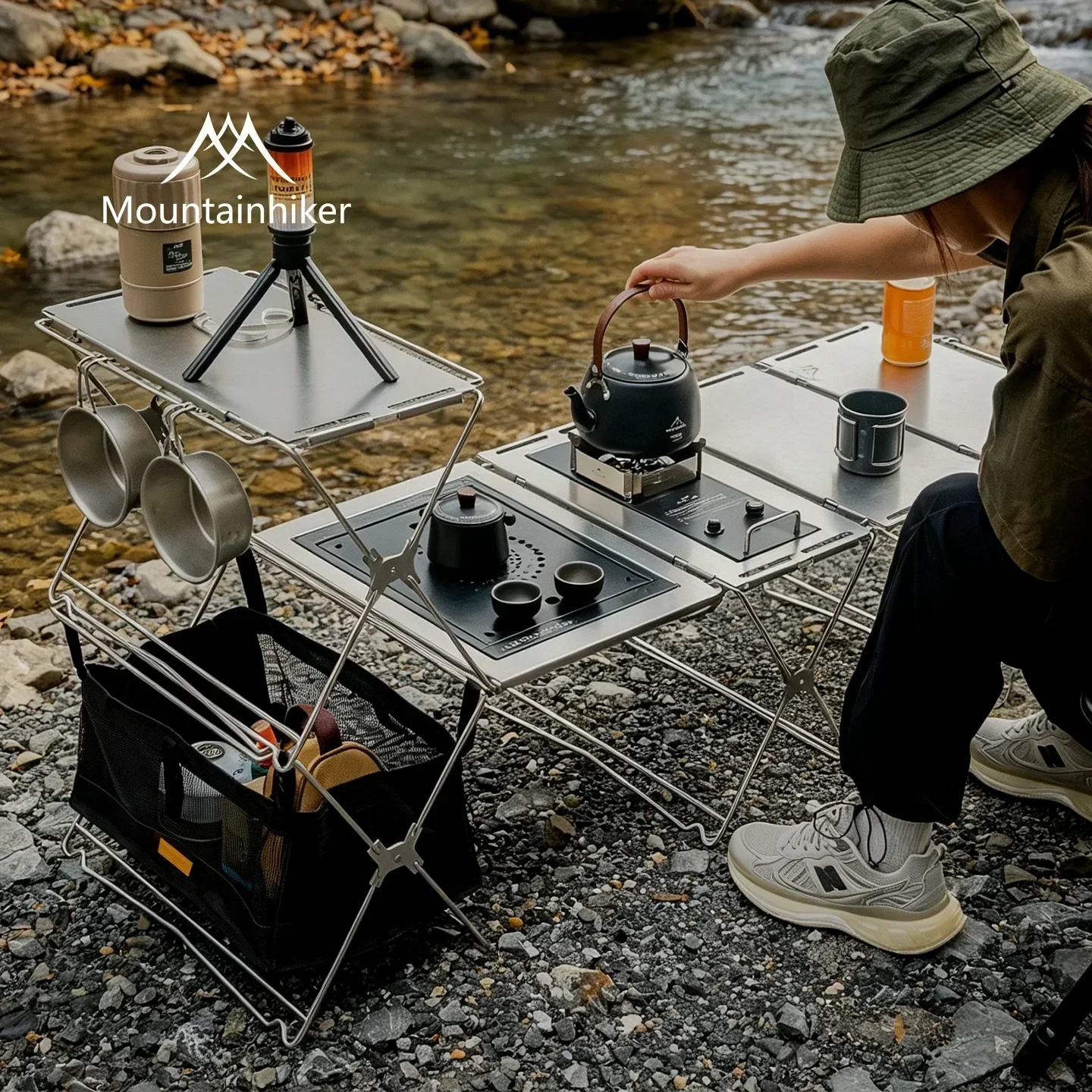 MOUNTAINHIKER Outdoor Camping Stainless Steel Combination Rack with Storage Bag - Easy Carry Kitchen Utensils And Gear Organizer