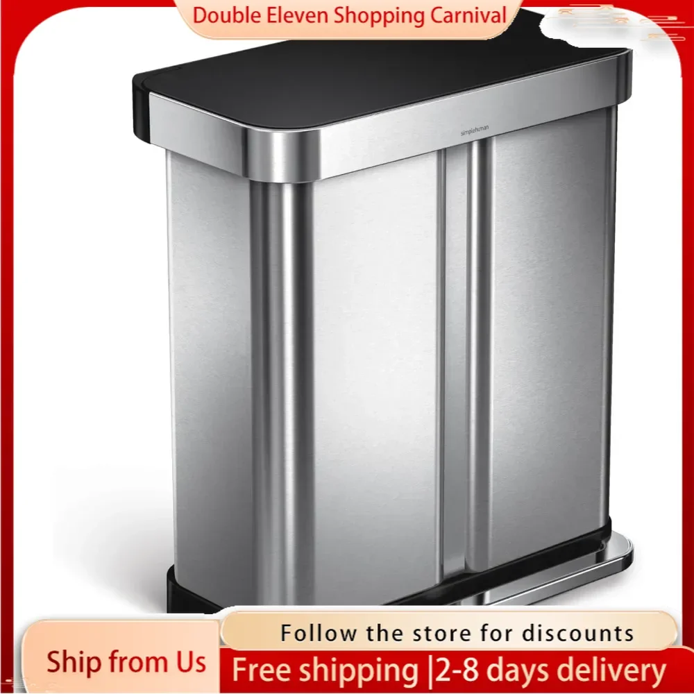 58 Liter / 15.3 Gallon Rectangular Dual Compartment Recycling Kitchen Step Trash Can with Soft-Close Lid Brushed Stainless Steel