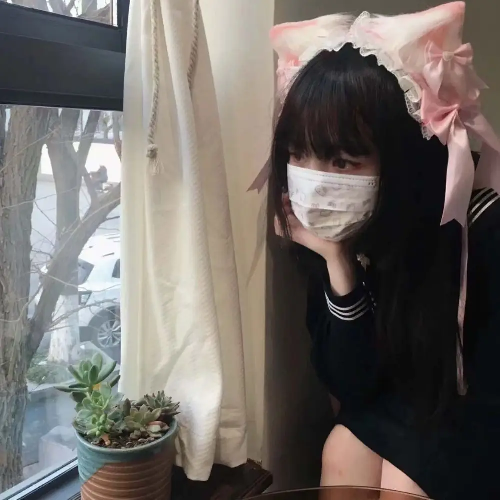 Orecchie di gatto di peluche dolce Lolita Fascia di pizzo Fiocco di nastro Kawaii Fascia increspata Accessori per capelli Jk Barrettes Copricapo in maschera