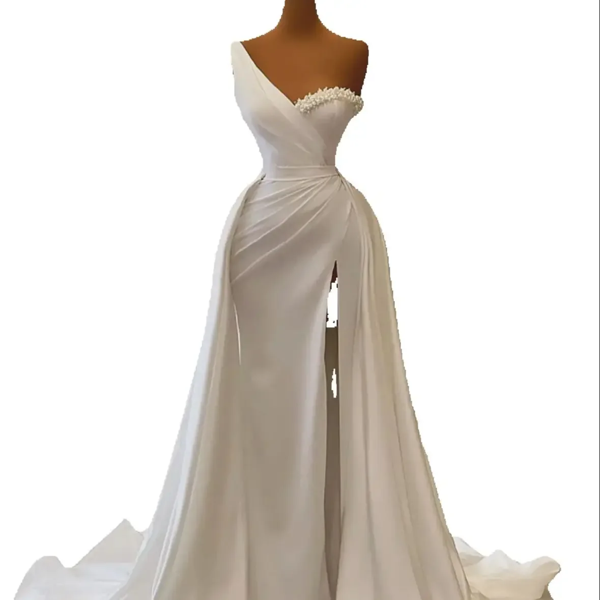 Customized One Shoulder Shinny  Pearls Bridal Dress with Removable Skirt Robe De Mariée  Vintage High Split Bridal Gowns