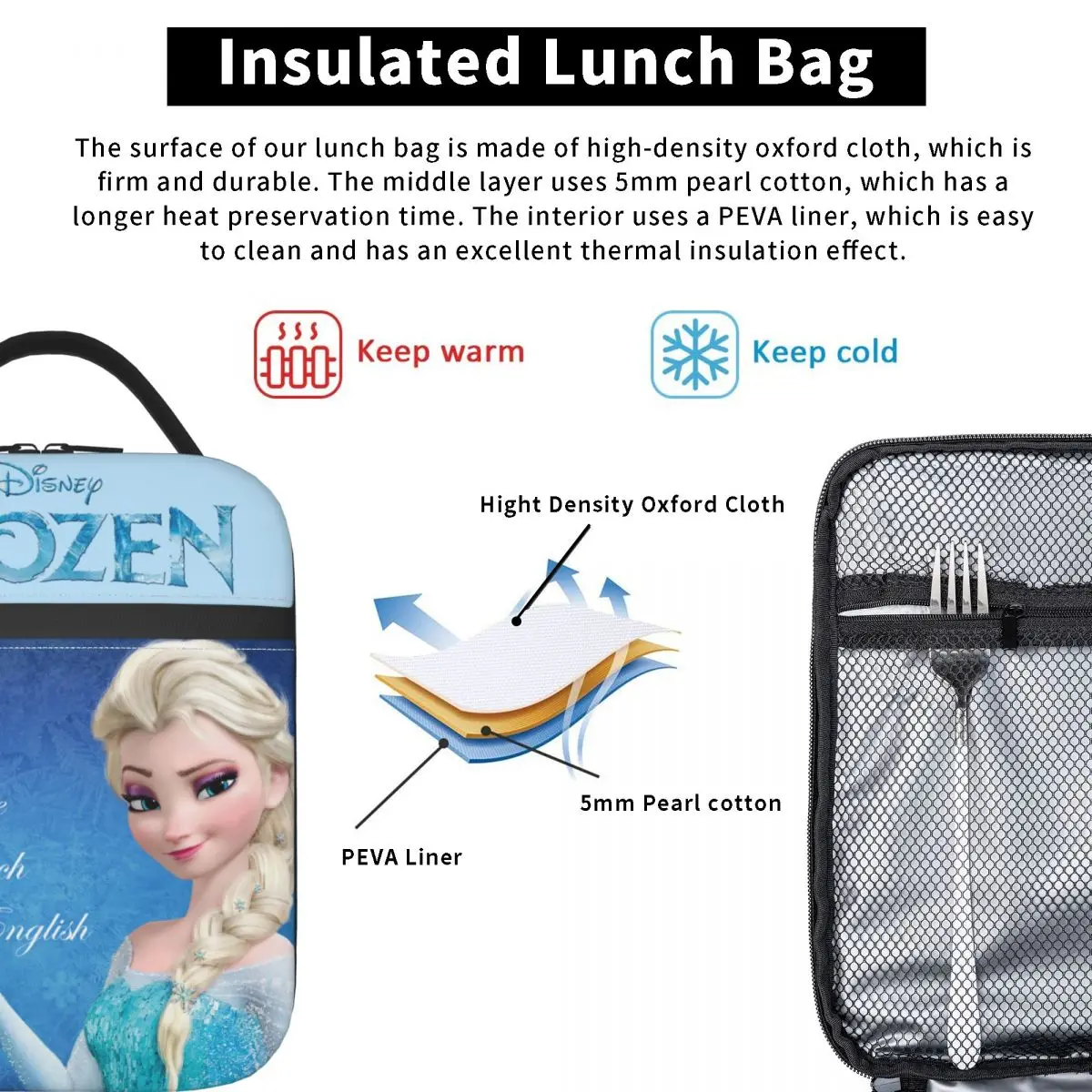 Boys Lunch Food Box Cute Elsa Princess Accessories Disney Frozen Zipper ClosureLunch BagFor Outdoor