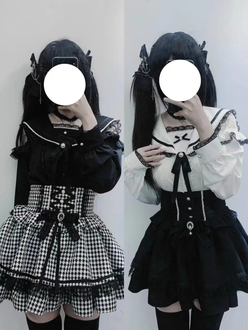 女性のハイウエストのスカート,日本のロジタスタイル,弓付きスーツ,レースパール,かわいい服,大量生産の鉱山シリーズ,オリジナル