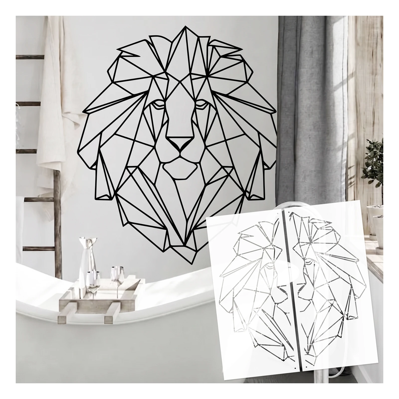 Large Geometric Lion Head Sign Wall Stencil Decor For Painting Plaster Template To Paint Decorative Lion Line Art Wall Decor