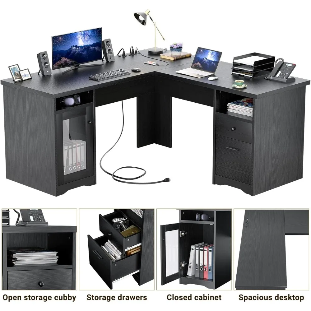 Computer Desk, 60 in, L-Shaped Desk with Drawers and Electrical Outlet, USB Charging Port, Storage Cabinet, Office Computer Desk