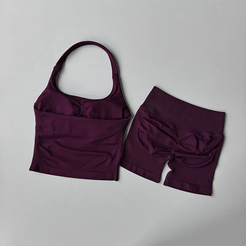 Damen-Sport-BH-Set mit Halsband, schöner Rücken, Yoga-Anzug, zweiteiliges Top, hochtailliertes, hüftformendes Fitness- und Gym-Set, Shorts-Sets – Detail 6