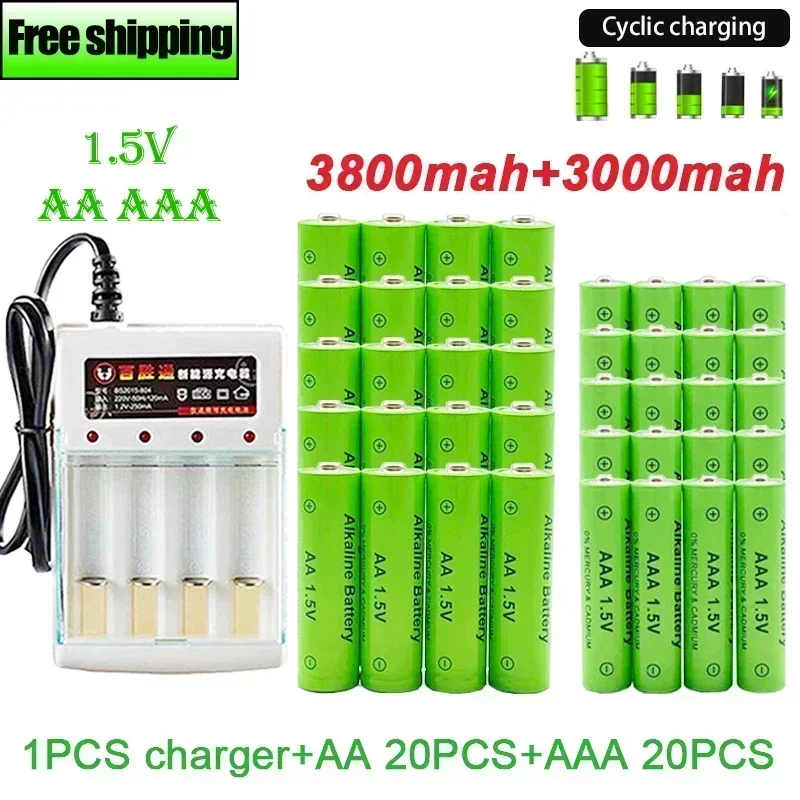 

AA +AAA Battery New 1.5VRechargeableBattery AA3800MAH AAA3000MAH with Charger for LED Flashlight Flashlightorelectronicdevices