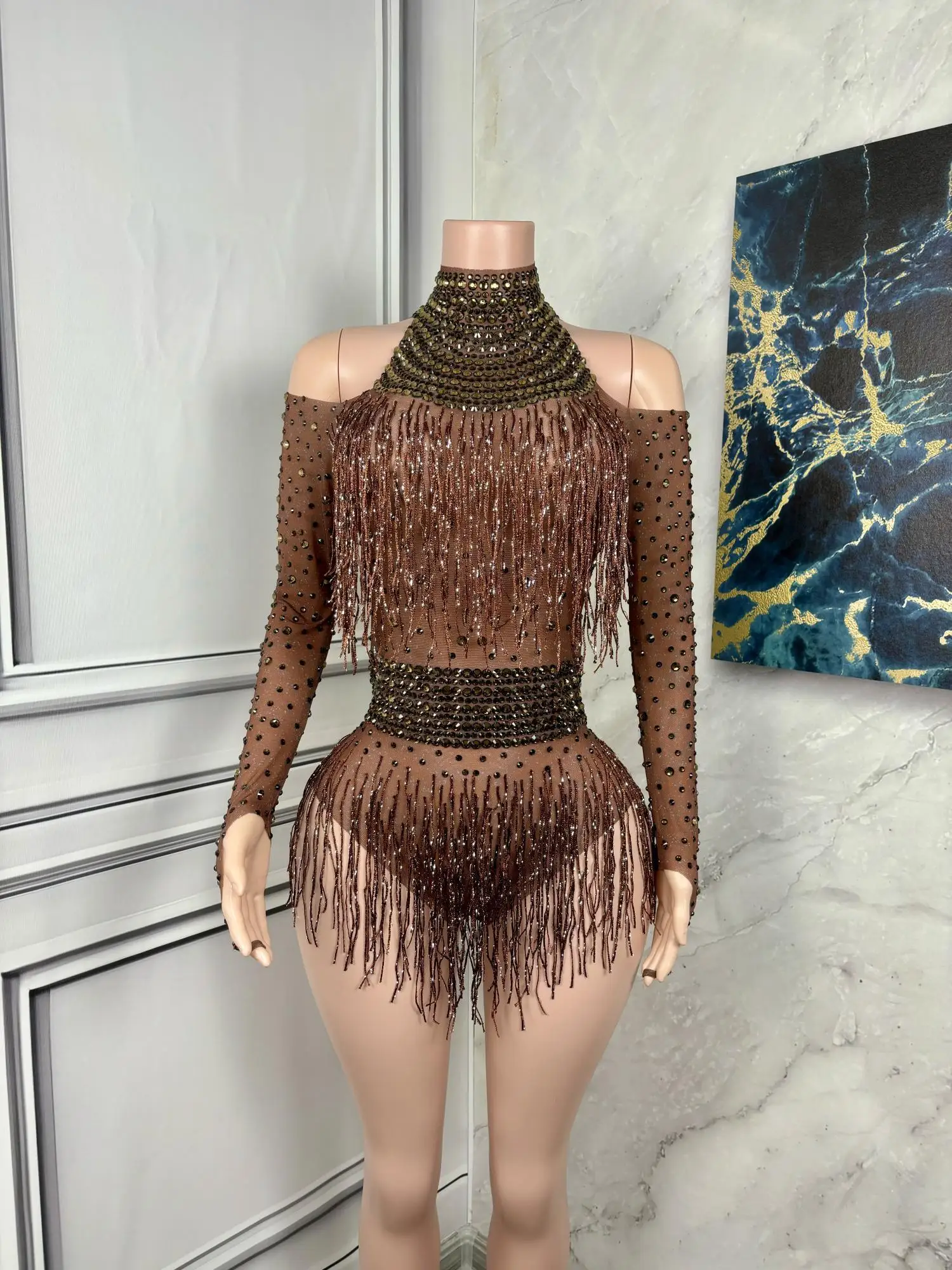 Strass brilhantes borla manga comprida bodysuit feminino elastano desempenho traje clube cantor dançarino mostrar sexy bodysuit nvtuan