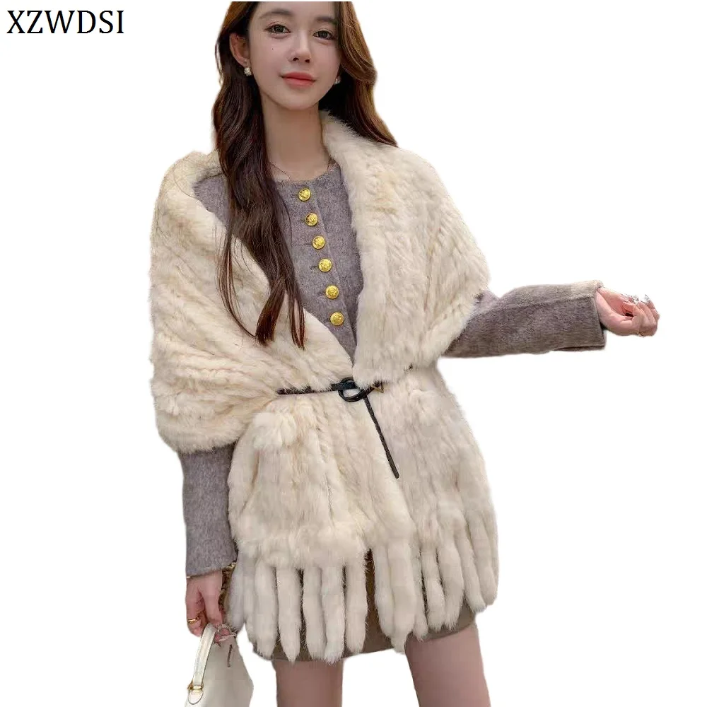 

Real Rabbit Fur Knitted Shawl Women's Tassel Style Long Fur Scarves Pocket Design Winter Warm