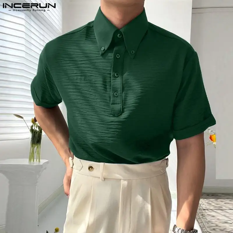 Handsome Well Fitting Tops INCERUN Men's Lapel Collar Design Blouse Casual Fashiona Male Solid Simple Short Sleeved Shirts S-5XL