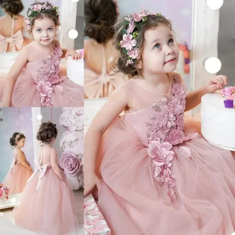 Flower Girl Dress Princess Lace Floral Bow Tulle Fluffy Child Princess Birthday Party First Communion Holiday Wedding Gown