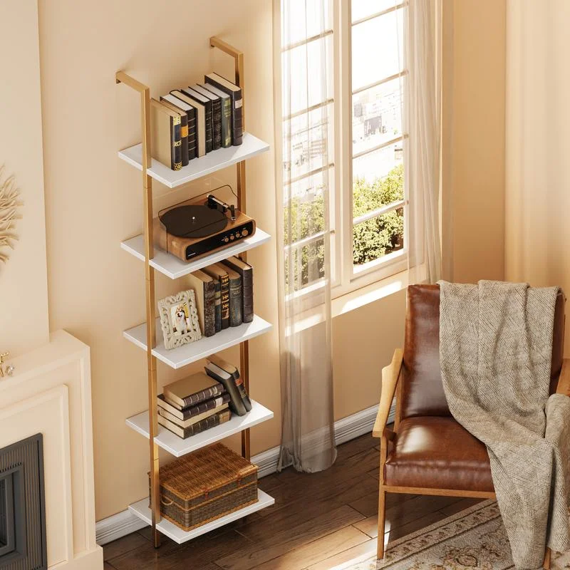 

5-Tier Bookshelf, Narrow Book Shelf, Open Wall-Mounted Ladder Shelf with Metal Frame, Display Bookcase for Home Office, Bedroom,