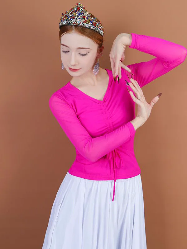 女性用長袖ダンス練習用メッシュトップラテンダンスフィットネスウェアベースシャツ仕立ての良い芸術試験に適したスクエアダンス衣装