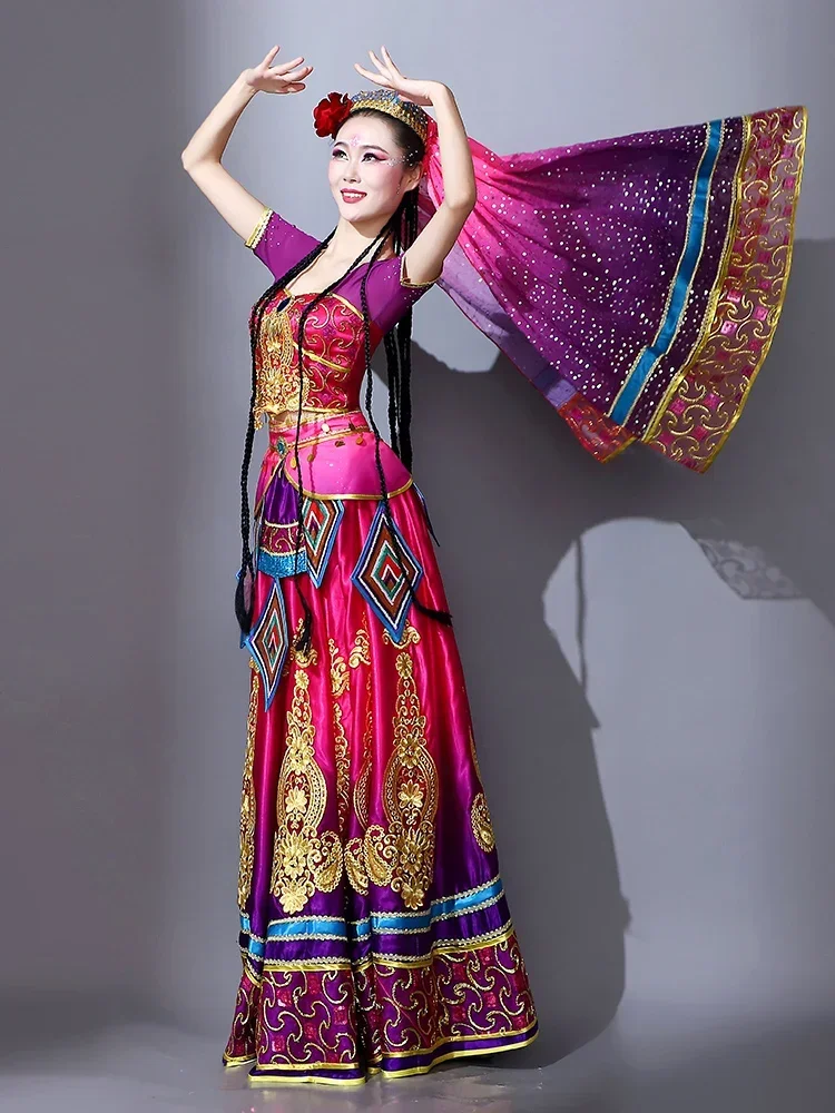 Trajes de danza de Xinjiang para mujer, estilo indio uigur, falda de prueba de arte de danza del vientre para chica india, conjunto de dos piezas