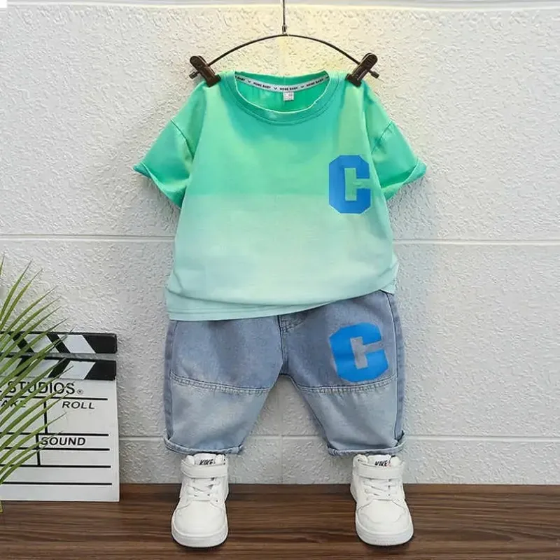 

Children's Clothing Boys Summer Suit New Handsome Boy Baby Short Sleeved T-shirt Denim Shorts 2-piece Set