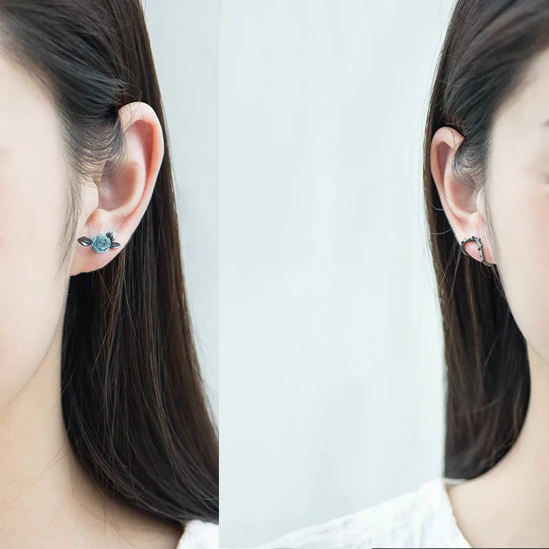 Thaya s925 Silver Thorn Blue Crystal Rose Design Black Stud Earrings for Women Asymmetry Flower Earring Female Jewelry Gift