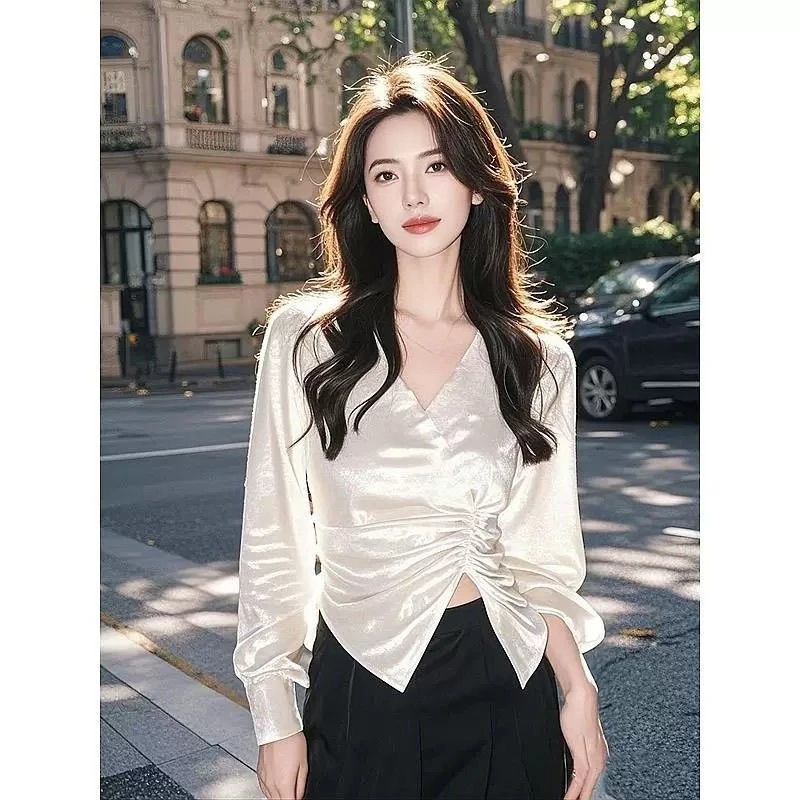 French Style Women Spring Fall 2025 V Neck Shirring White Irregular Imitation Silk Top Shirt , Woman Designer Tops Shirts