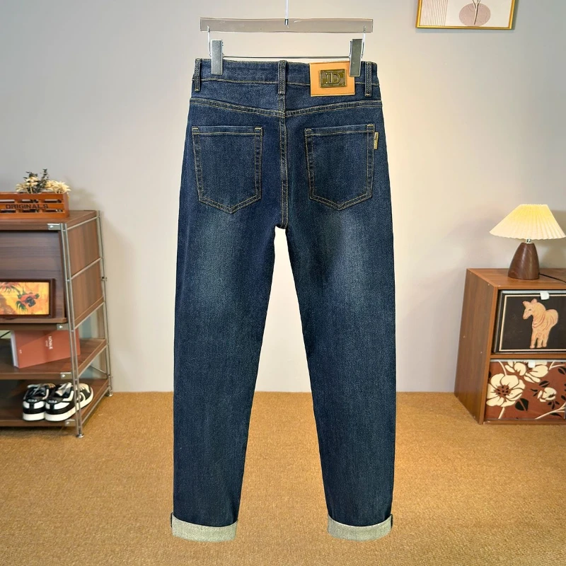 Celana Jeans Denim Pria Gaya Punk Koboi Klasik Streetwear Musim Gugur Musim Dingin Stretch Slim Fit Korea Kasual