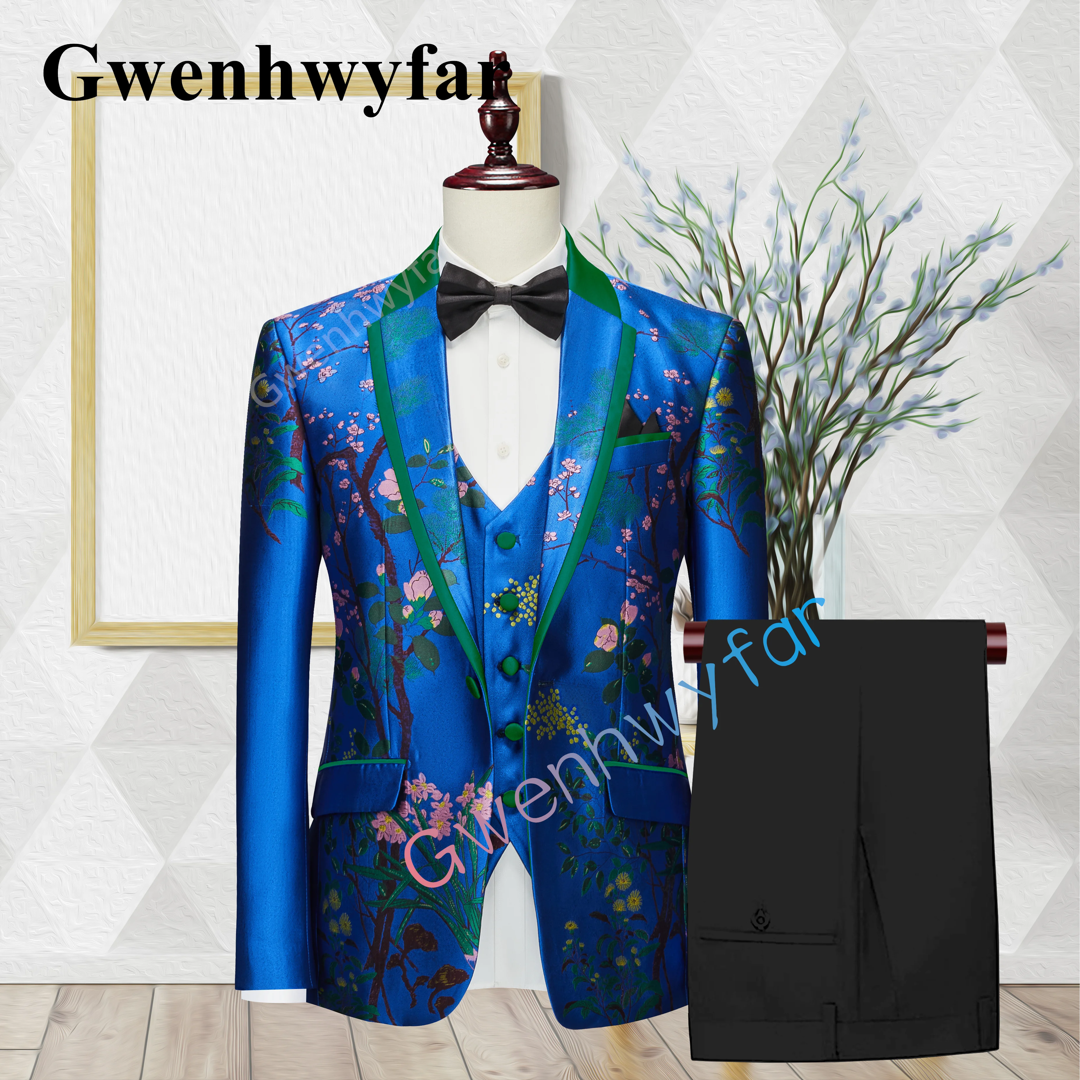 Gwenhwyfar Top Design Style Men's  Sky Blue Suit Casual Three Piece High Quality Jacquard Fabric Groom Wedding Tuxedo