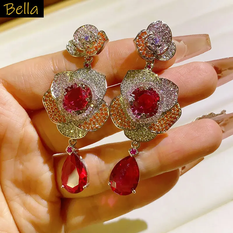 

shiny zircon flower earrings for women wedding dinner party luxury jewelry red rose dangling earrings sweet gift