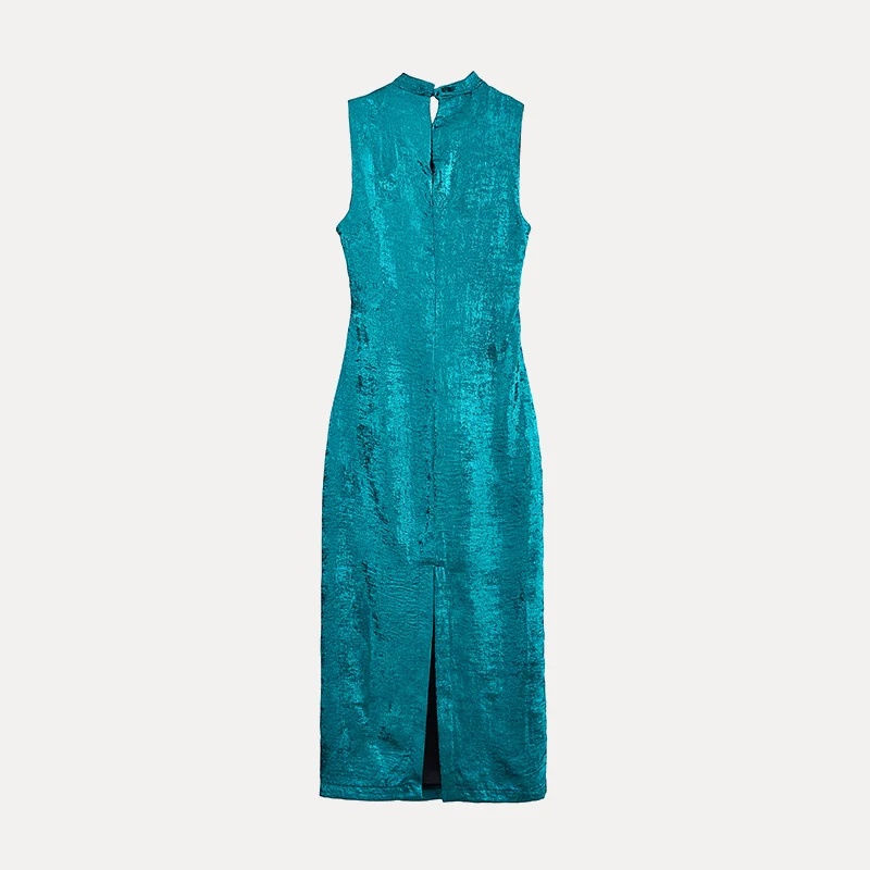 Spring 2025 Women's Gold Embellied Silk Satin Midi Dr Street Sle Svel round Ne Single Piece Polyester Fiber