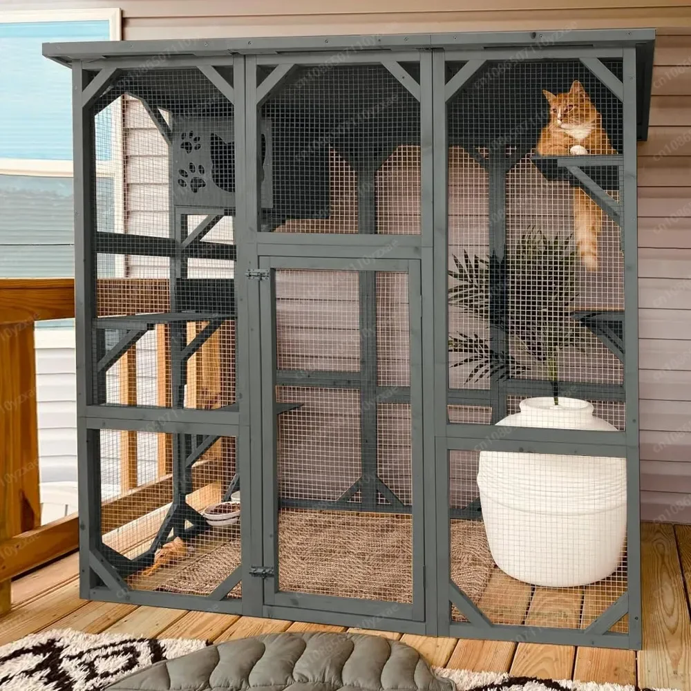 Cat Enclosure Large Outdoor Catio Wooden Cat House with Weatherproof Cat Cage Condo Indoor Playpen with Platform House