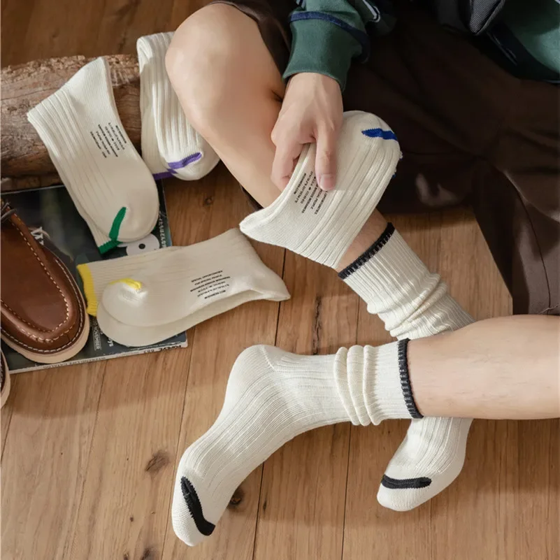 Vintage Men's Medium Tube Socks City Boy Thick Knit Cotton Designer Solid White Casual Sports Socks Cycling Hiking Socks