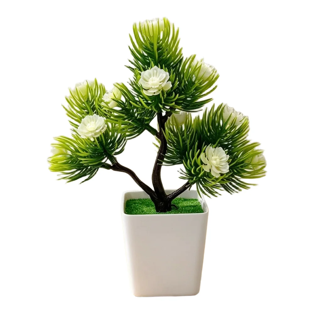 Small Scale Artificial Pine Bonsai with Purple Floral Details Suitable for Desk Shelf or Cabinet Top Placement