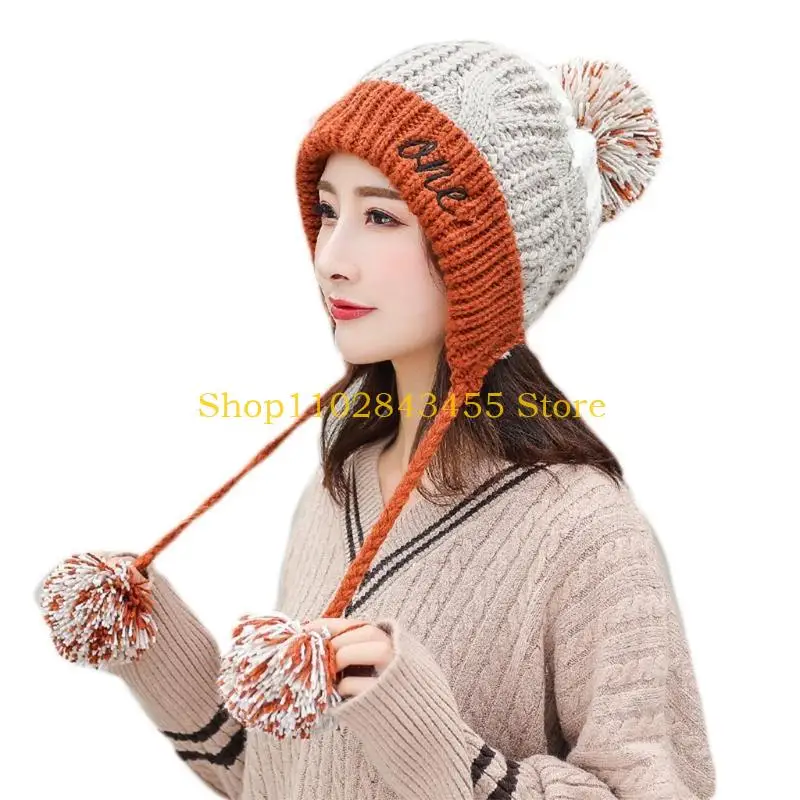 49MC Women Winter Knit Beanie Hat Letters Embroidery Plush Lined Earflap Cap