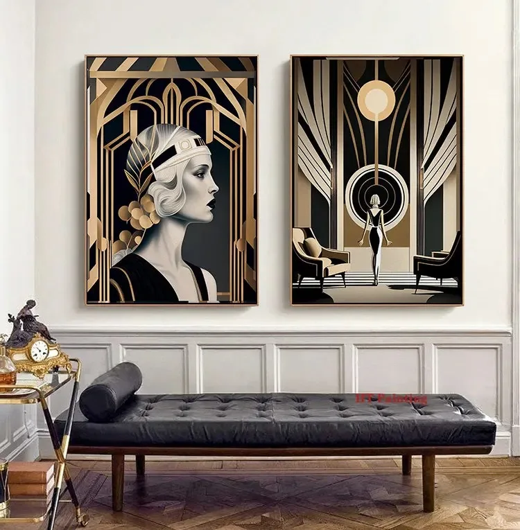 1920s Retro Art Deco Style Great Gatsby Party Poster Abstract Wall Pictures Canvas Painting Vintage Home Hotel Interior Decor