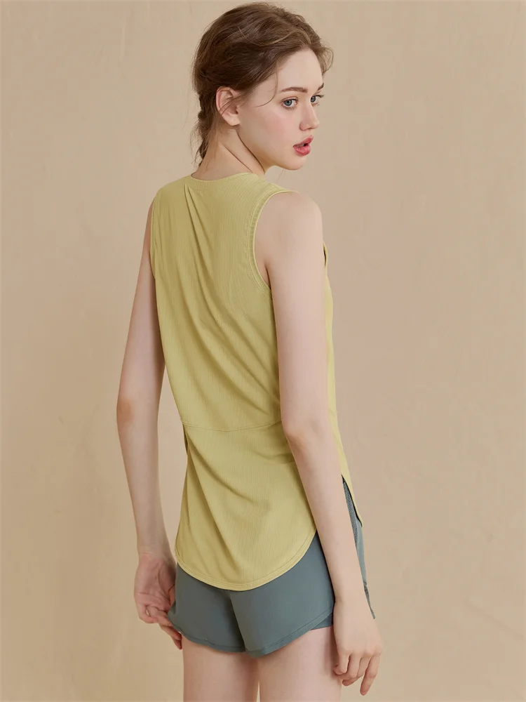 เสื้อกีฬาผู้หญิงทรงหลวม แห้งเร็ว เหมาะสำหรับวิ่ง ฟิตเนส โยคะ ดีไซน์เปิดด้านข้าง แฟชั่นฤดูร้อน สวมใส่สบาย ทรงกลม