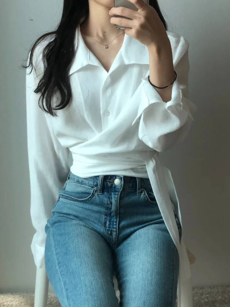 

Chic Early Autumn Small Cro Mist Blue irt Collar Cross Tie Waist Design Slim Long Sve Top Women's Faion Spring Autumn