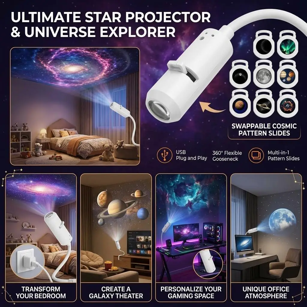 Usb Star Projector Night Light For Bedroom Ceiling Galaxy Cosmos Planet Lamp Adjustable Flexible Ambient For Kids Gift