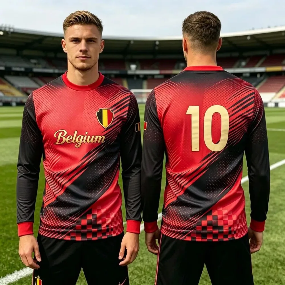 Men Long Sleeve Belgium Football Jersey Print Soccer Shirt Breathable Quick Dry Sports Training Unisex Fan Athletic Casual