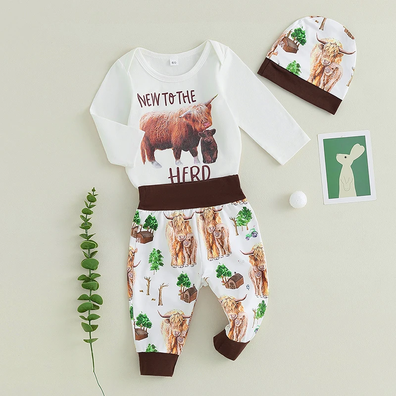 

Baby Boys Outfit Long Sleeve Letters Print Romper with Cow Print Pants and Hat Infant Clothes