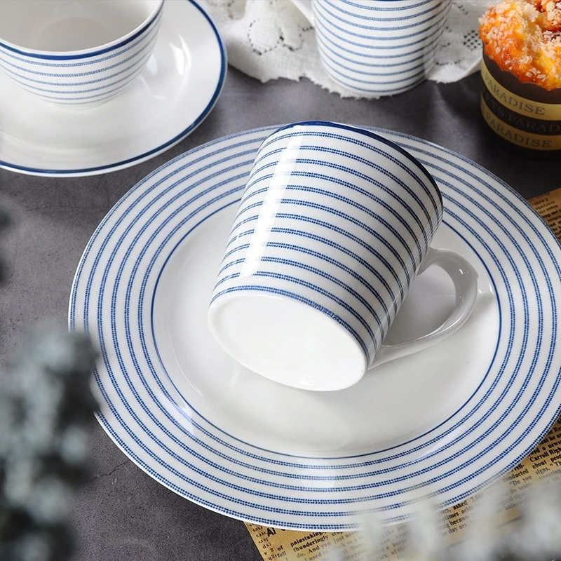 Household ceramic tableware, line striped underglaze coffee cup bowl, steak plate