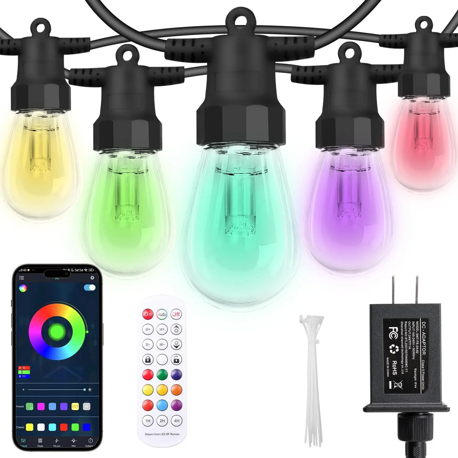 

Outdoor String Lights 50FT, Dimmable RGBW LED Bulbs, IP66 Waterproof Shatterproof, APP & Remote Control for Backyard Decor