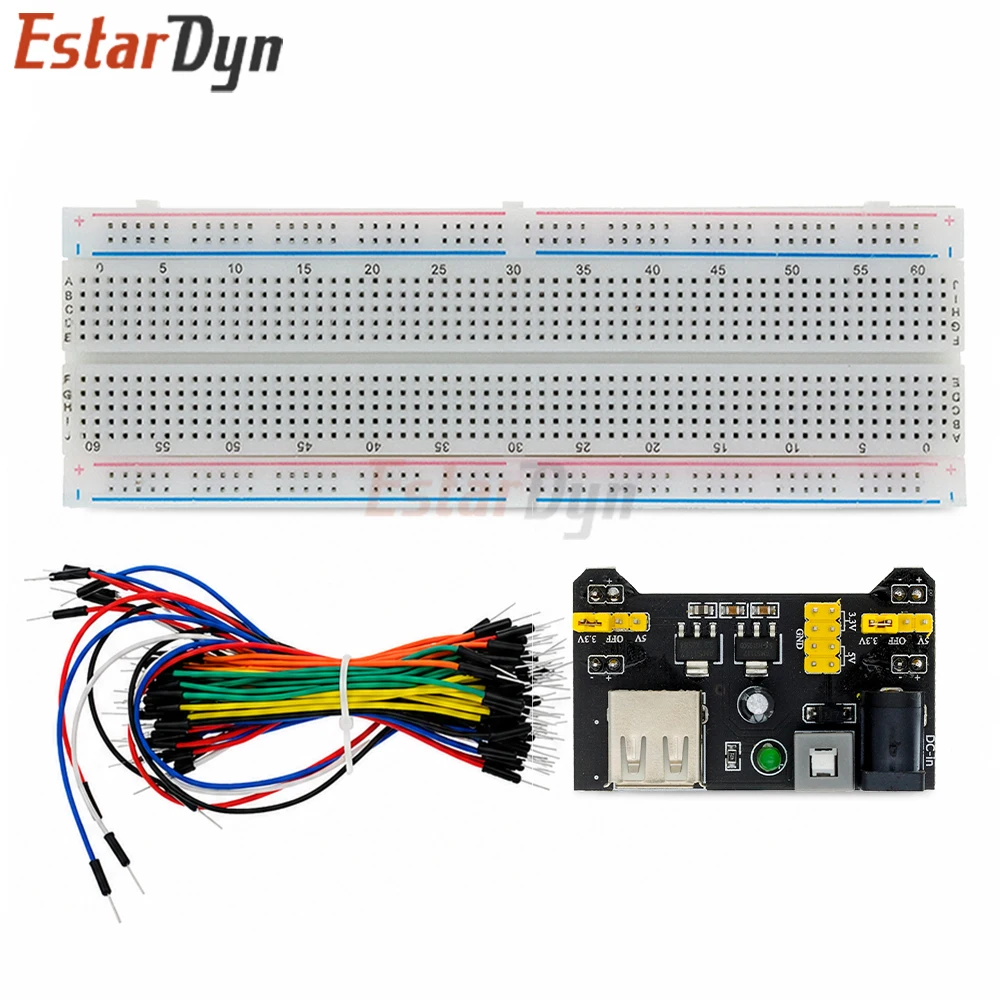 EstarDyn MB-102 830 verbindingspunten soldeerloze prototype breadboard-kit 3,3 V/5 V voedingsmodule 65 flexibele jumperdraden