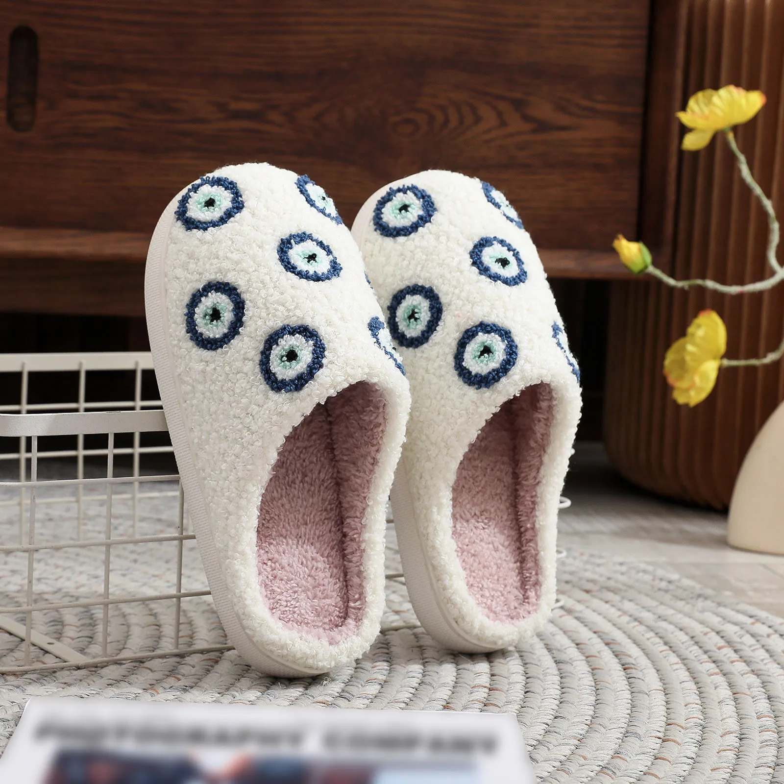 Retro Blue Small Evil Eyes Winter Plush Fashion Women Slippers Warm Slipper Fashion Cozy Shoes Bedroom Home Ladies Cotton Shoes