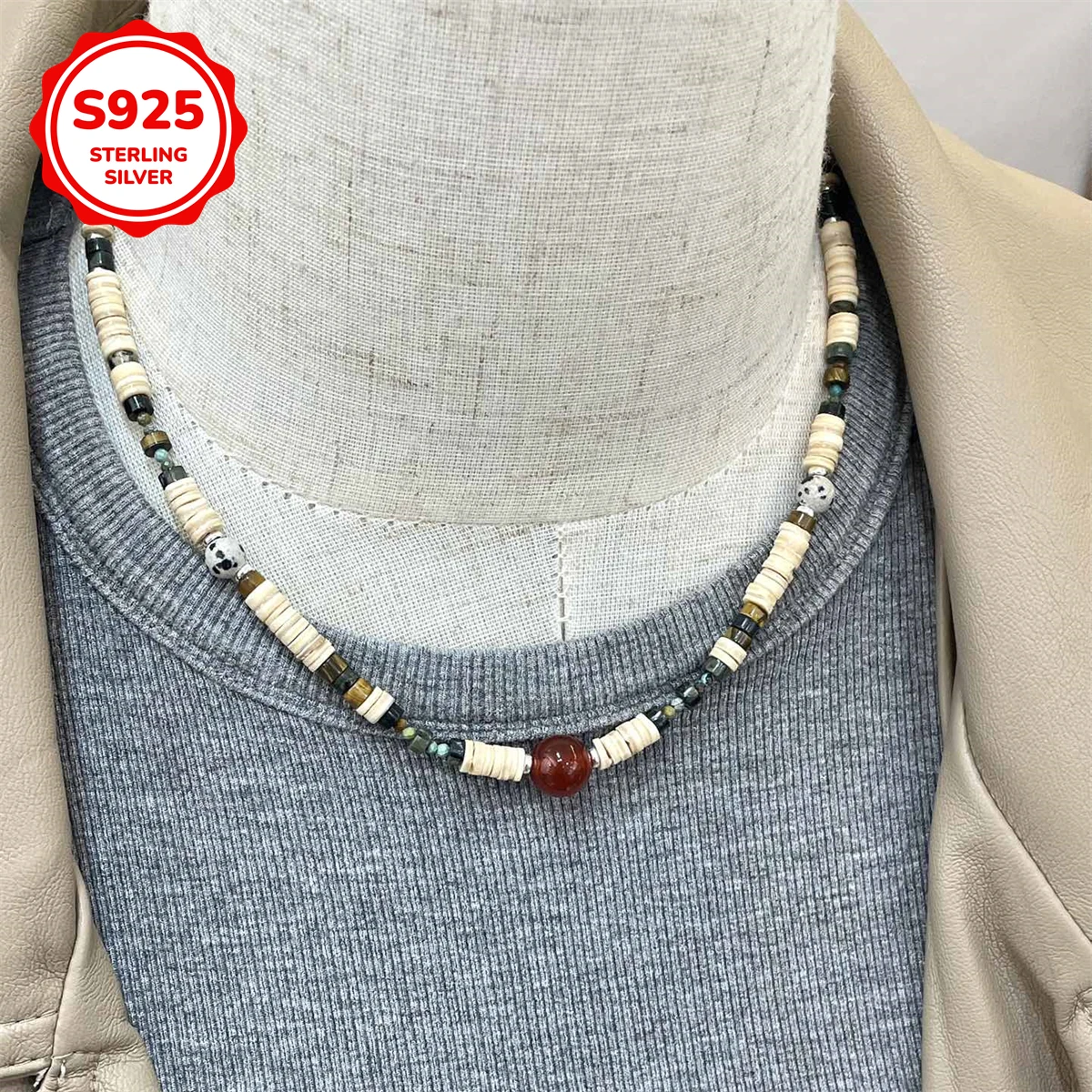 925 silver autumn and winter new item Middle ancient style natural shell agate spotted stone mixed stone beaded necklace