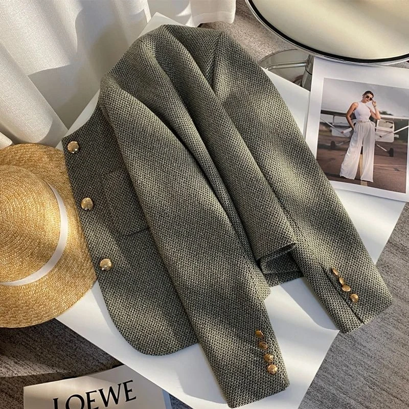 Quilted Coats Women's Suit Tailored Jackets Long Sleeve Casual Short Coat Women Japan Korean Style Green O-neck Tops Mujer