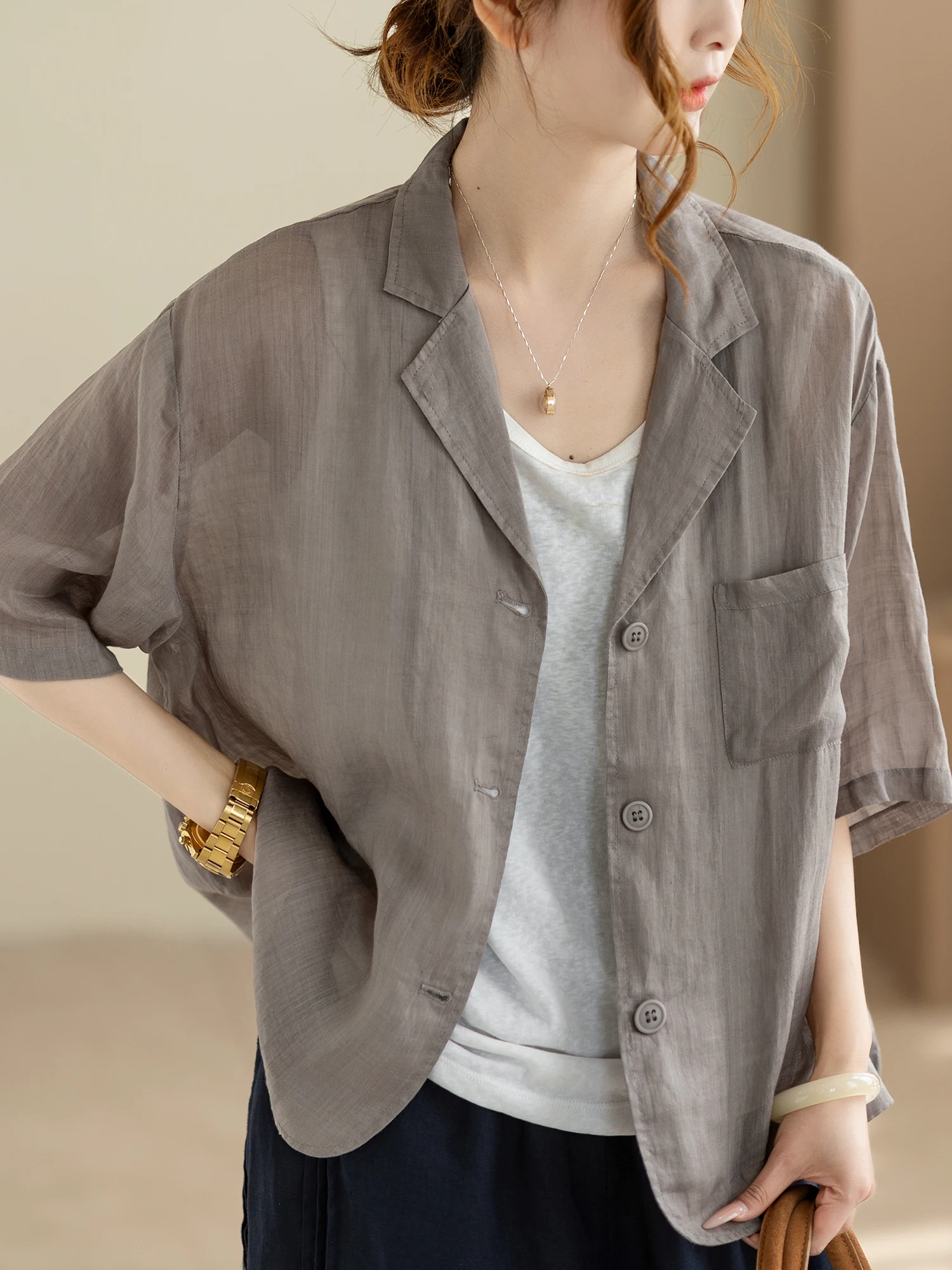 

Camiyu 100% Flax Loose Fit Short Sleeve Summer Shirt Women's Black Suit Collar Lightweight Sun Protection Open Cardigan Outer...