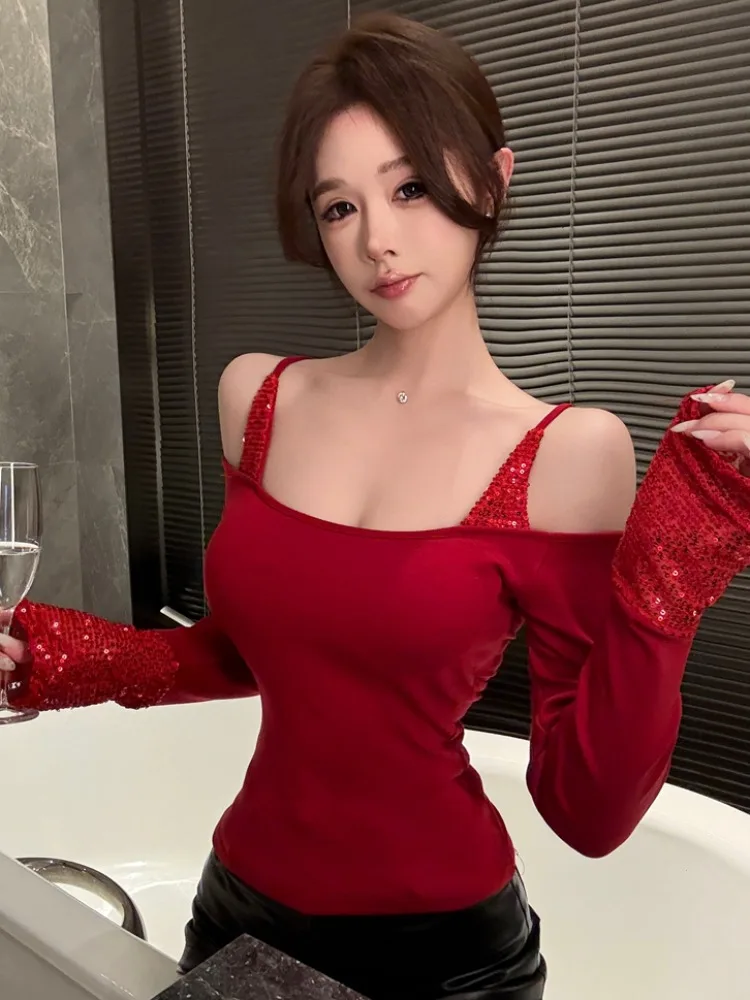 

Long Sleeve T-Shirt Sexy Shoulder Bared New Year Christmas Red Base Top Glitter Strapless Knitted Fashion for Teens