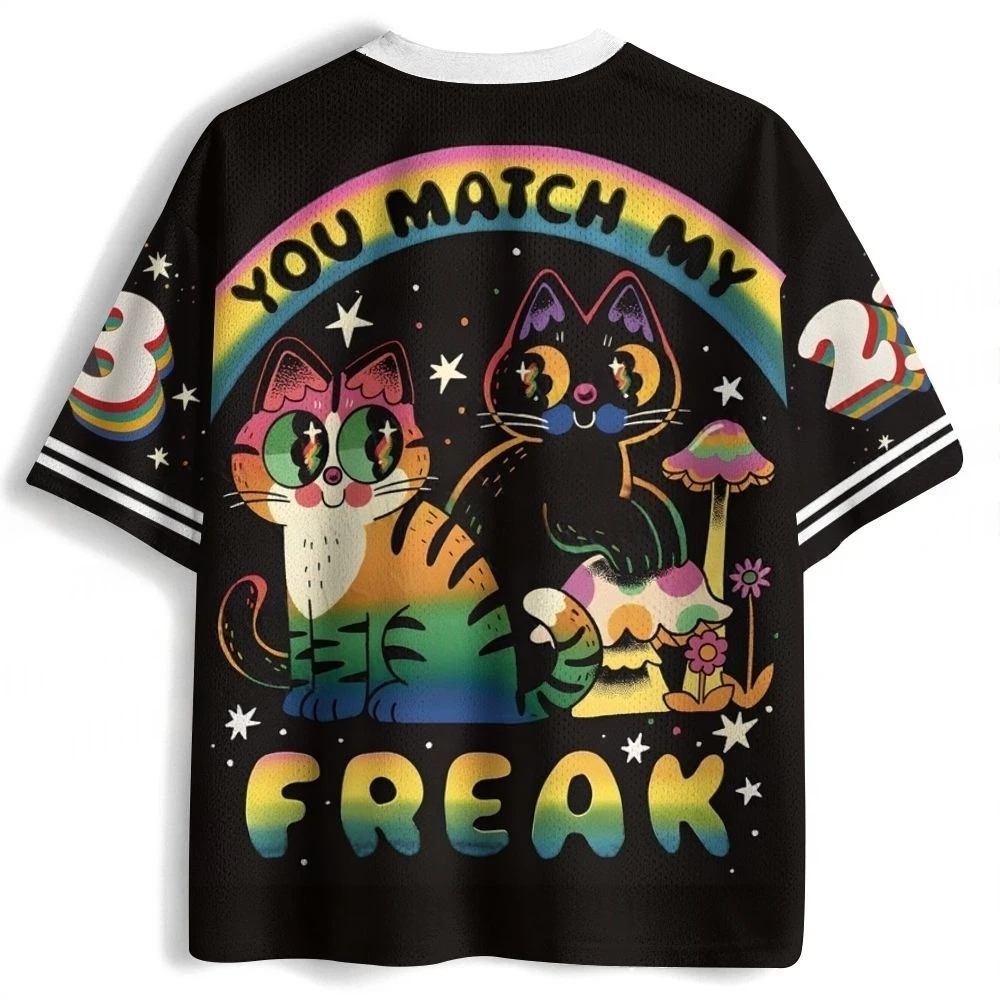 Retro Psychedelic Rainbow Cat Magic Mushroom, You Match My Quirky Letter Print Adult Children's Mesh Jersey T-shirt V-neck